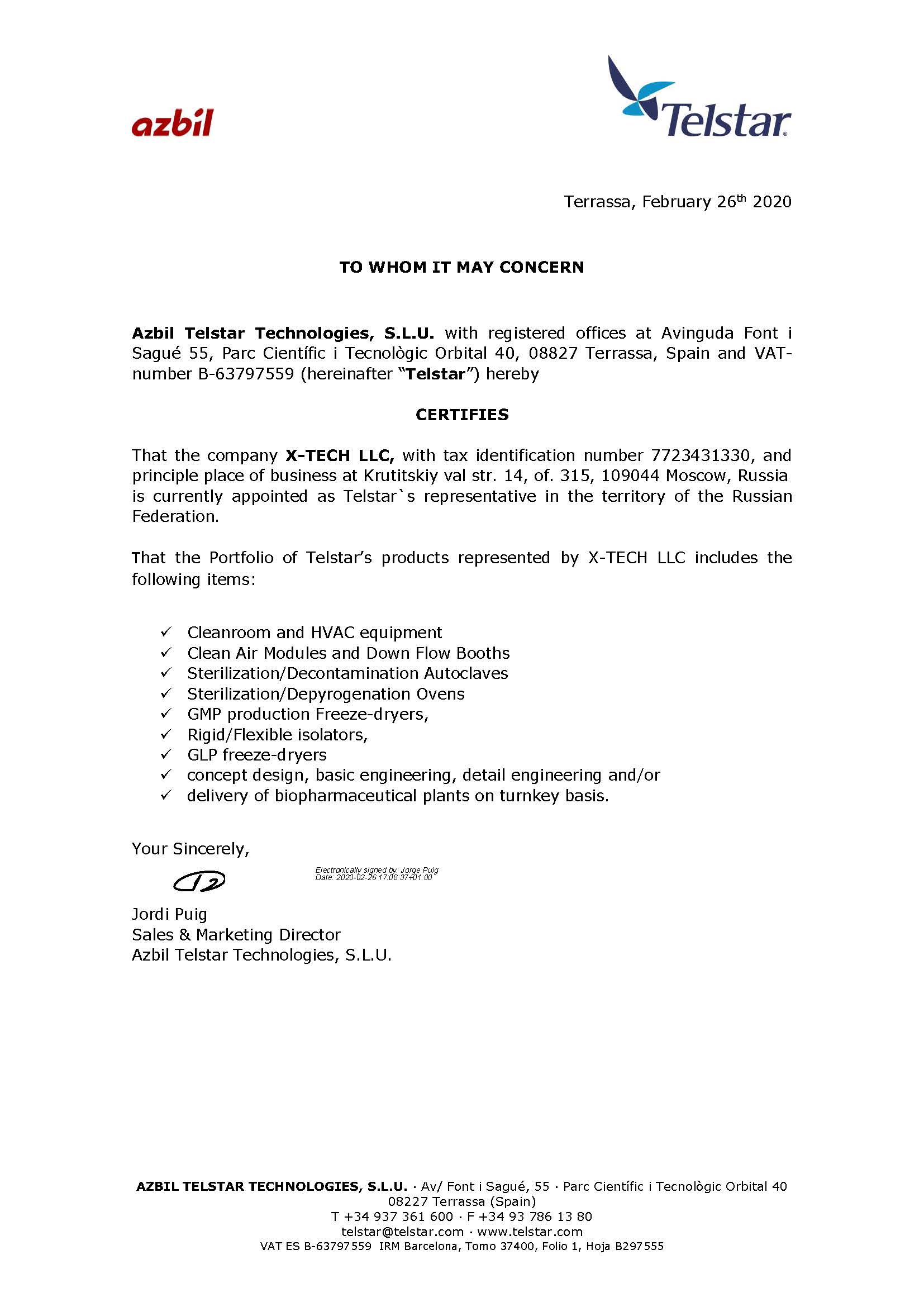 Certificate of Azbil Telstar Technologies representative office in Russia