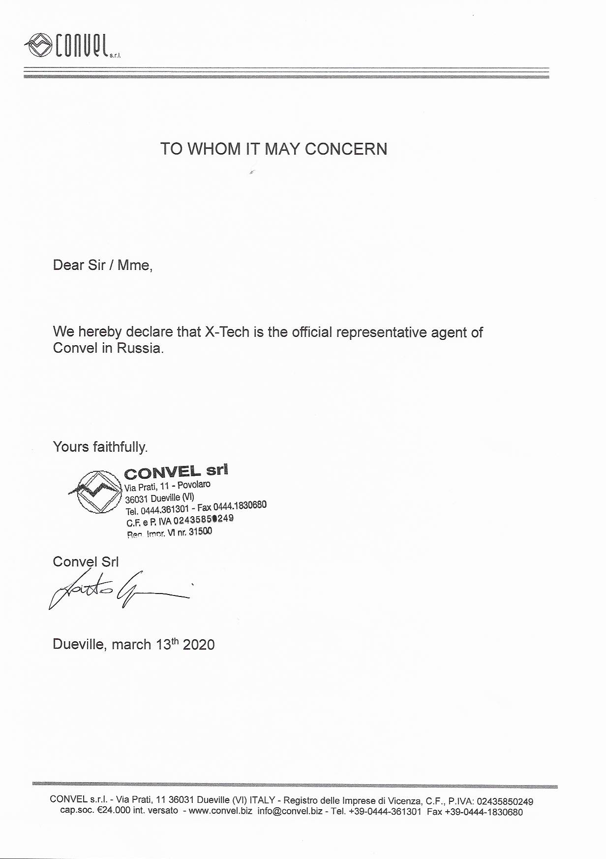 Certificate of CONVEL S.R.L. representative office in Russia