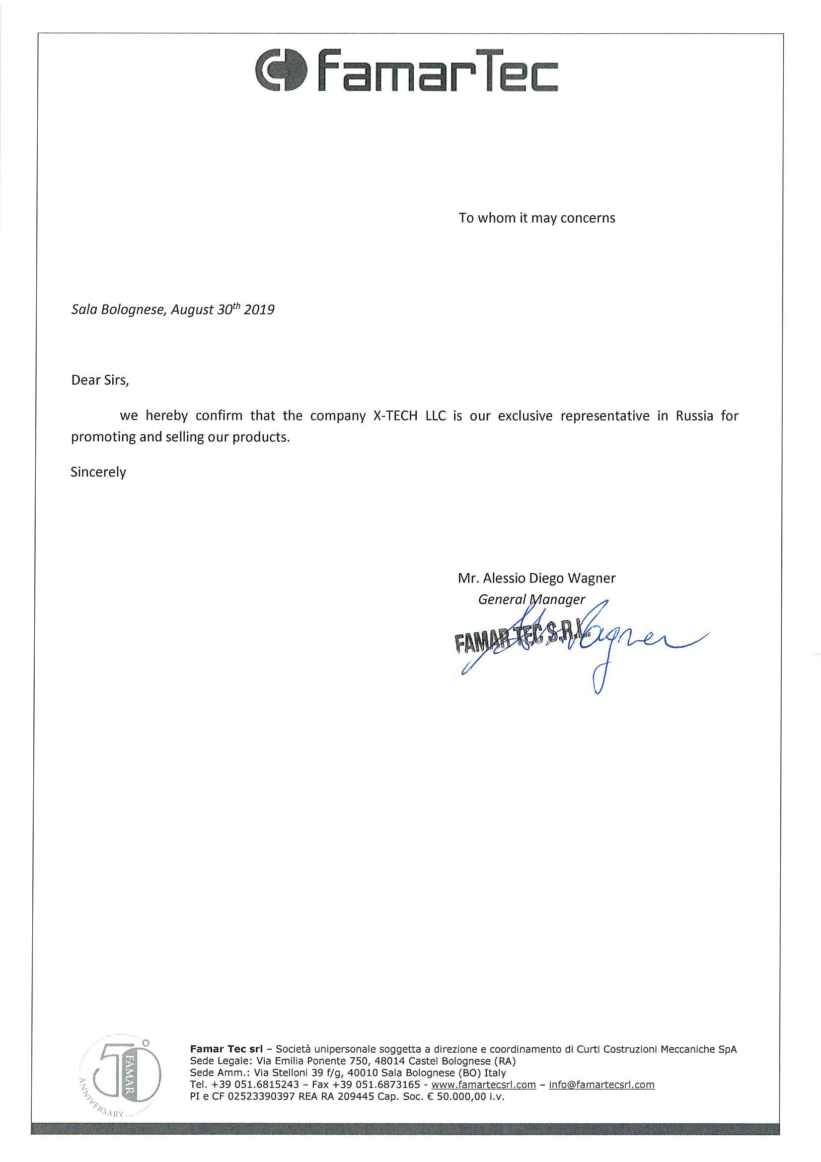 Certificate of FAMAR representative office in Russia
