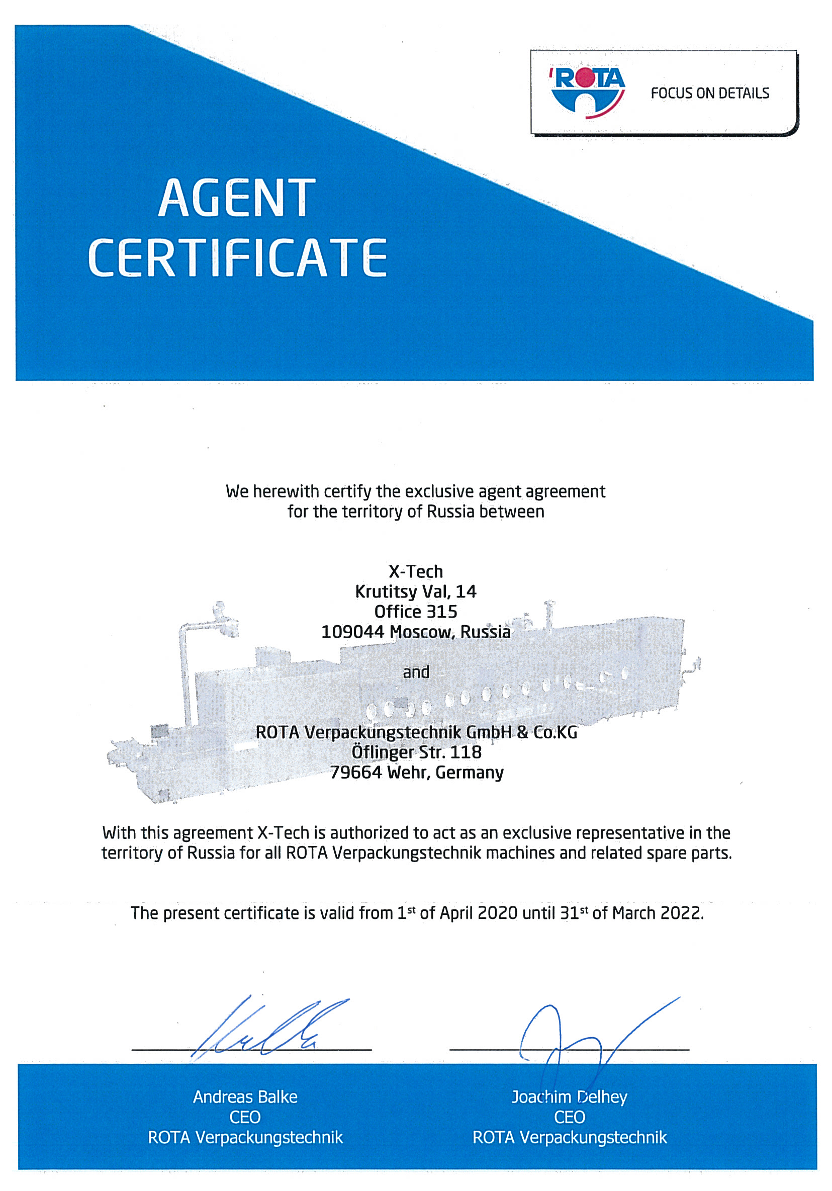 Certificate of ROTO representative office in Russia
